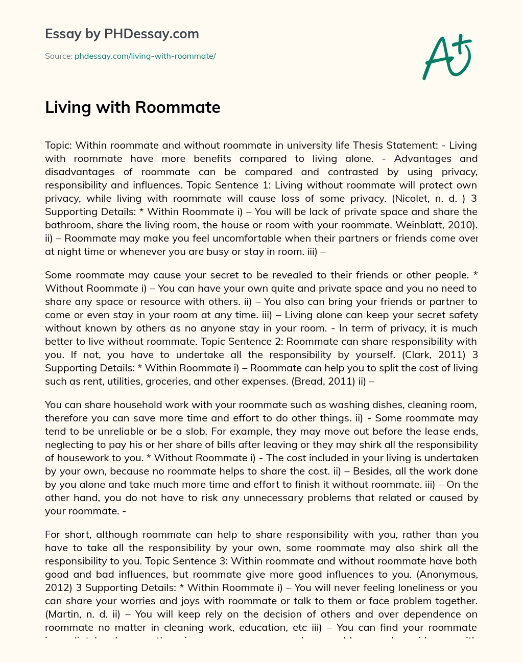 Living With Roommate essay