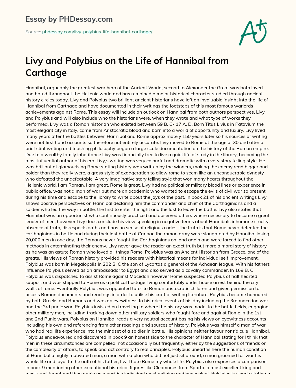 Livy and Polybius on the Life of Hannibal from Carthage essay