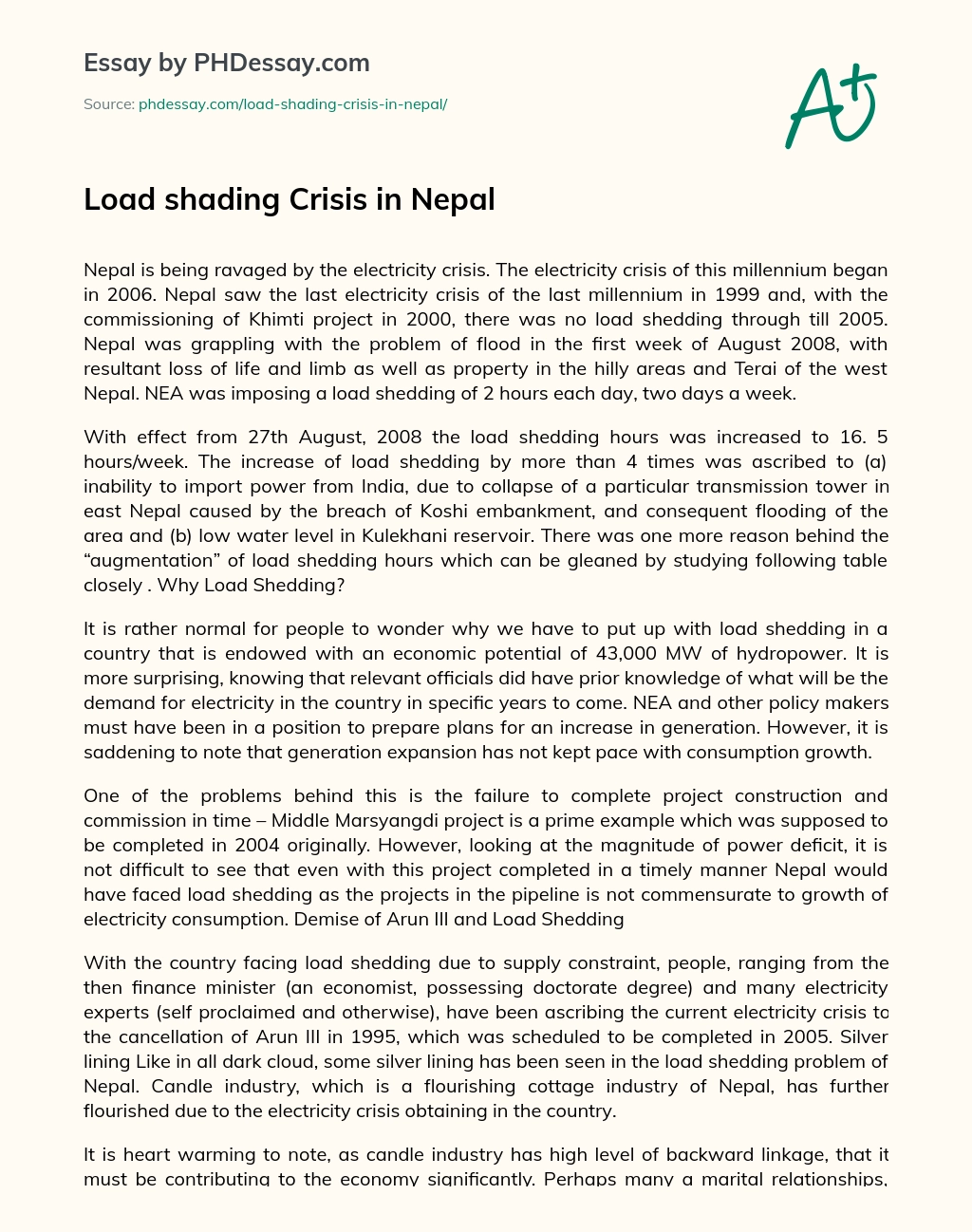 Load shading Crisis in Nepal essay
