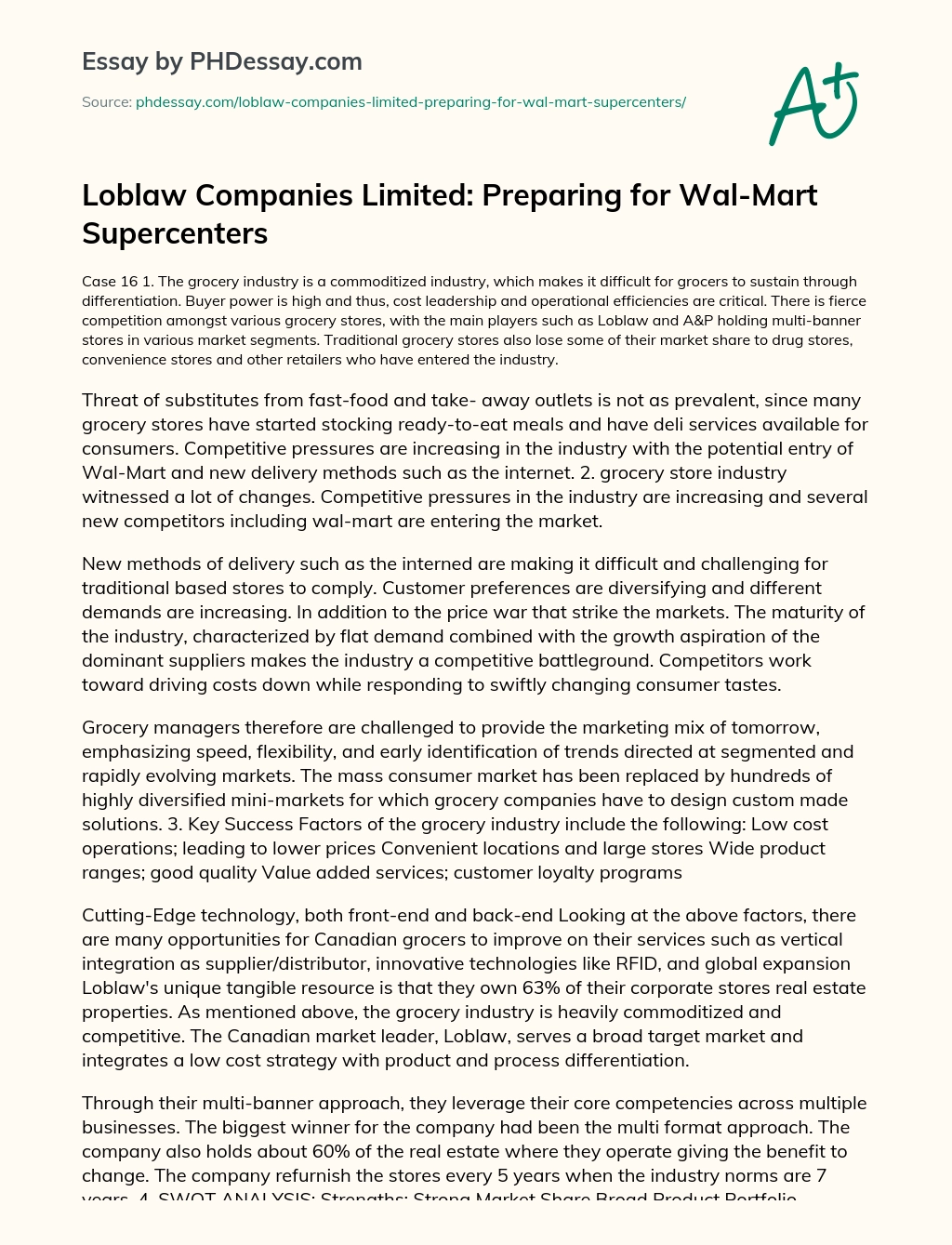 Loblaw Companies Limited: Preparing for Wal-Mart Supercenters essay
