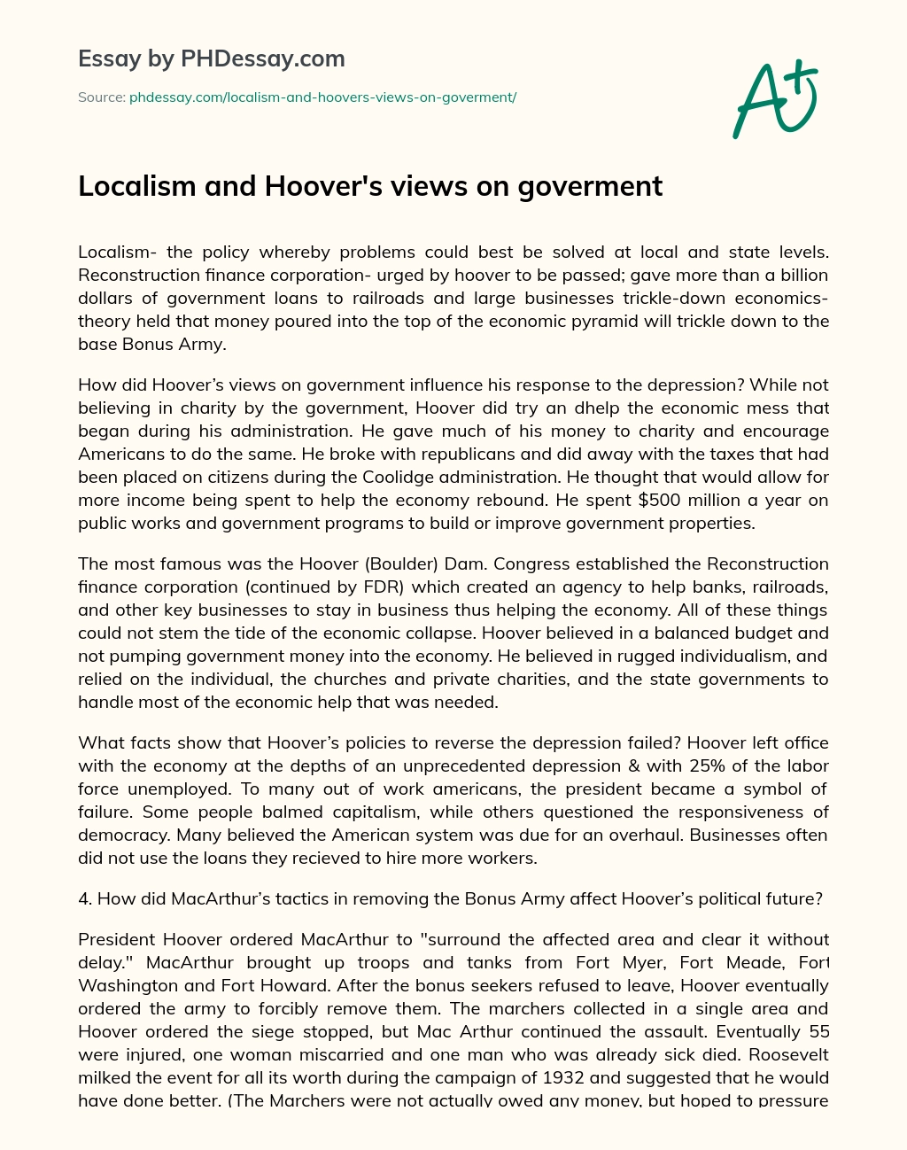 Localism and Hoover’s views on goverment essay