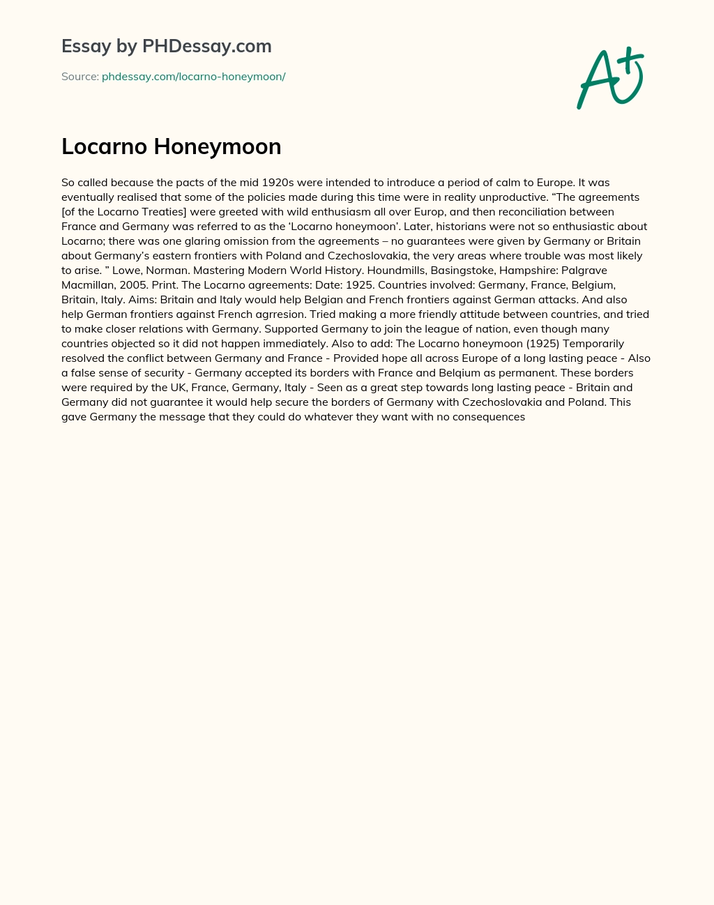 Locarno Honeymoon essay