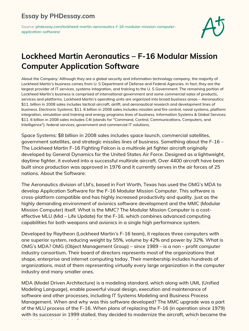 Lockheed Martin Aeronautics – F-16 Modular Mission Computer Application Software essay