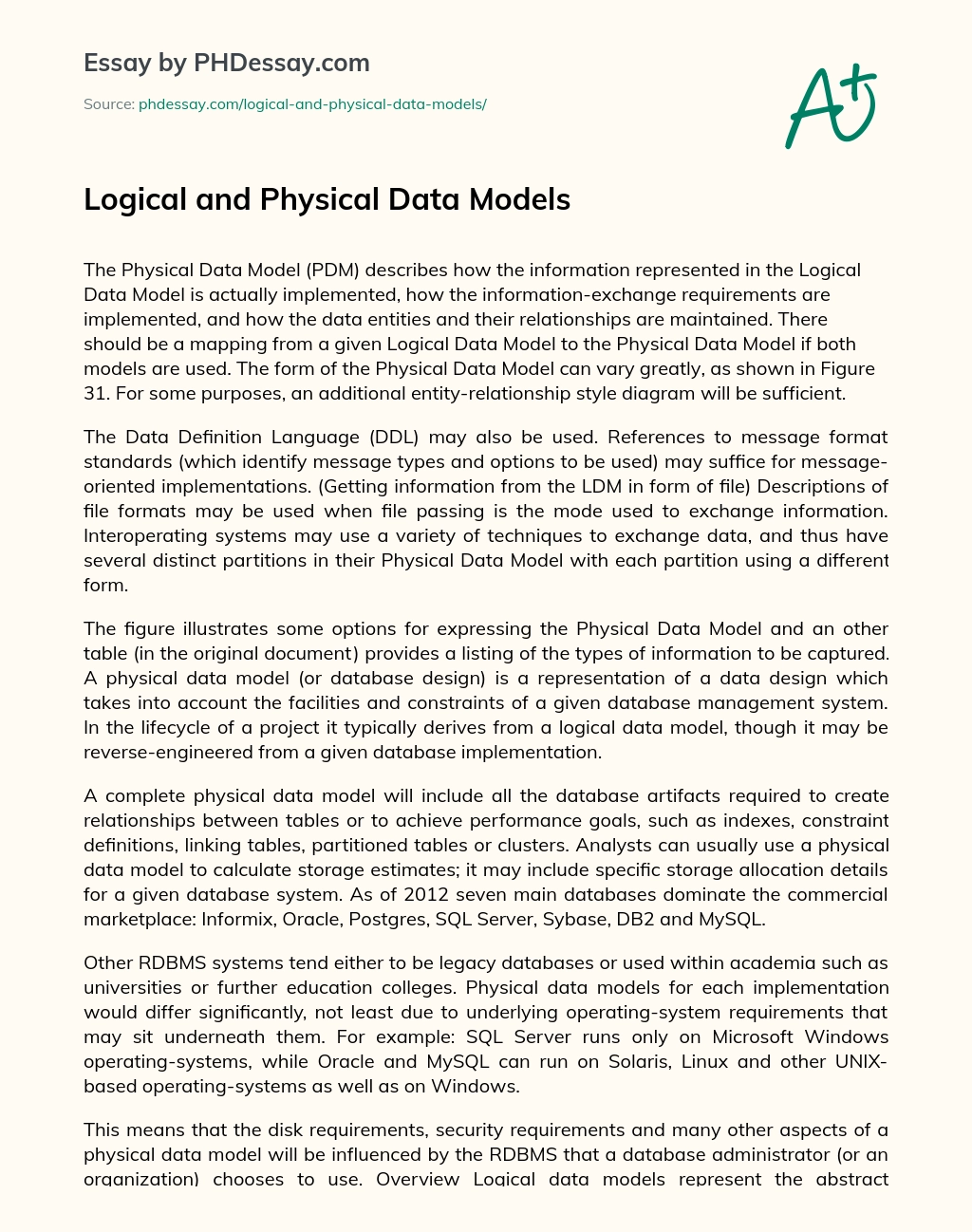 Logical and Physical Data Models essay