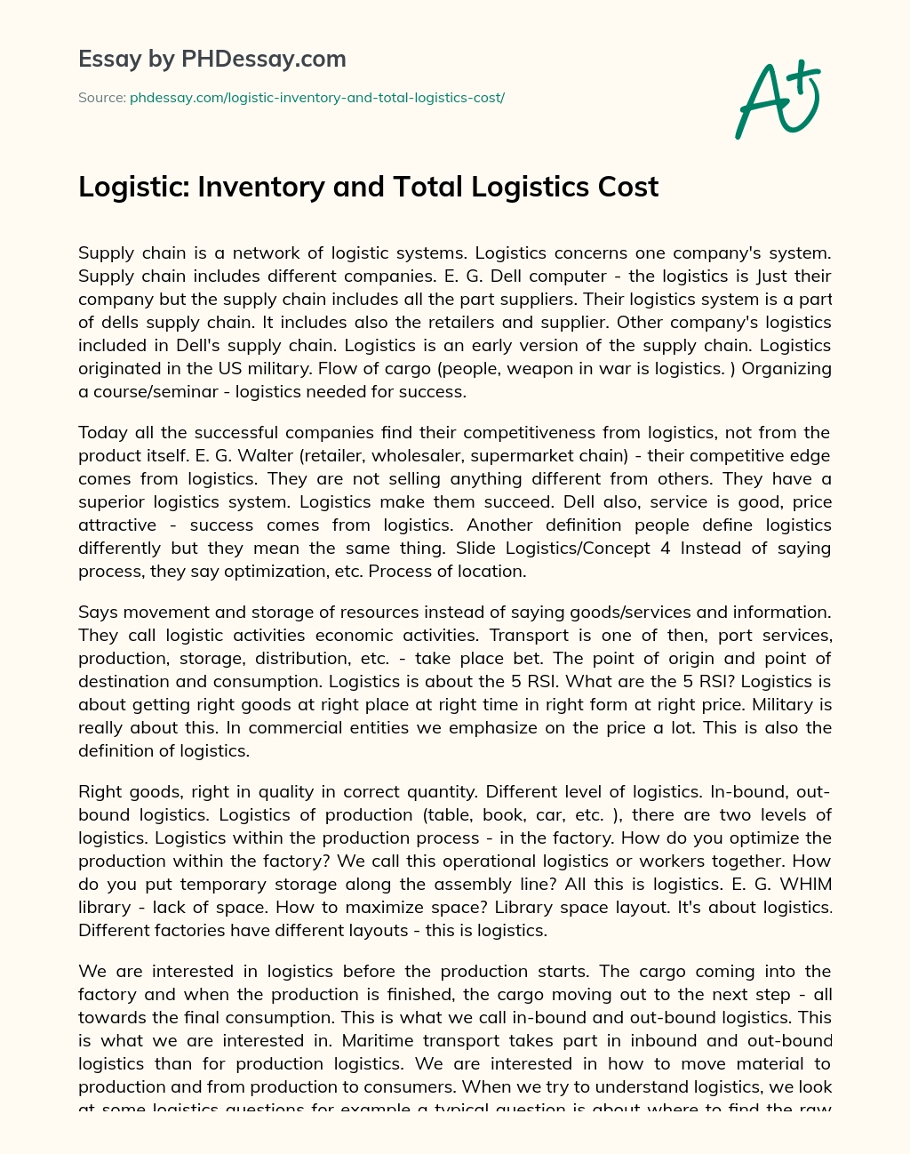 Logistic: Inventory and Total Logistics Cost essay