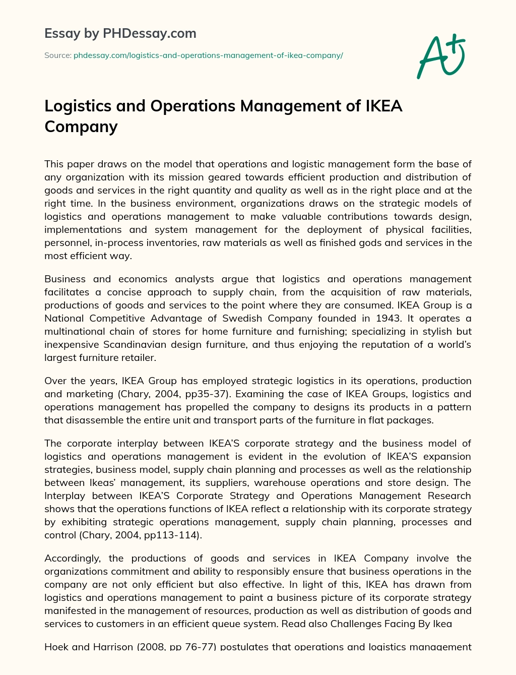 Logistics and Operations Management of IKEA Company essay