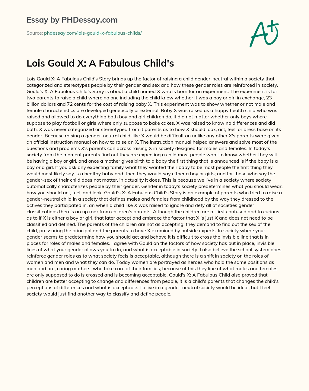 Lois Gould X: A Fabulous Child’s essay