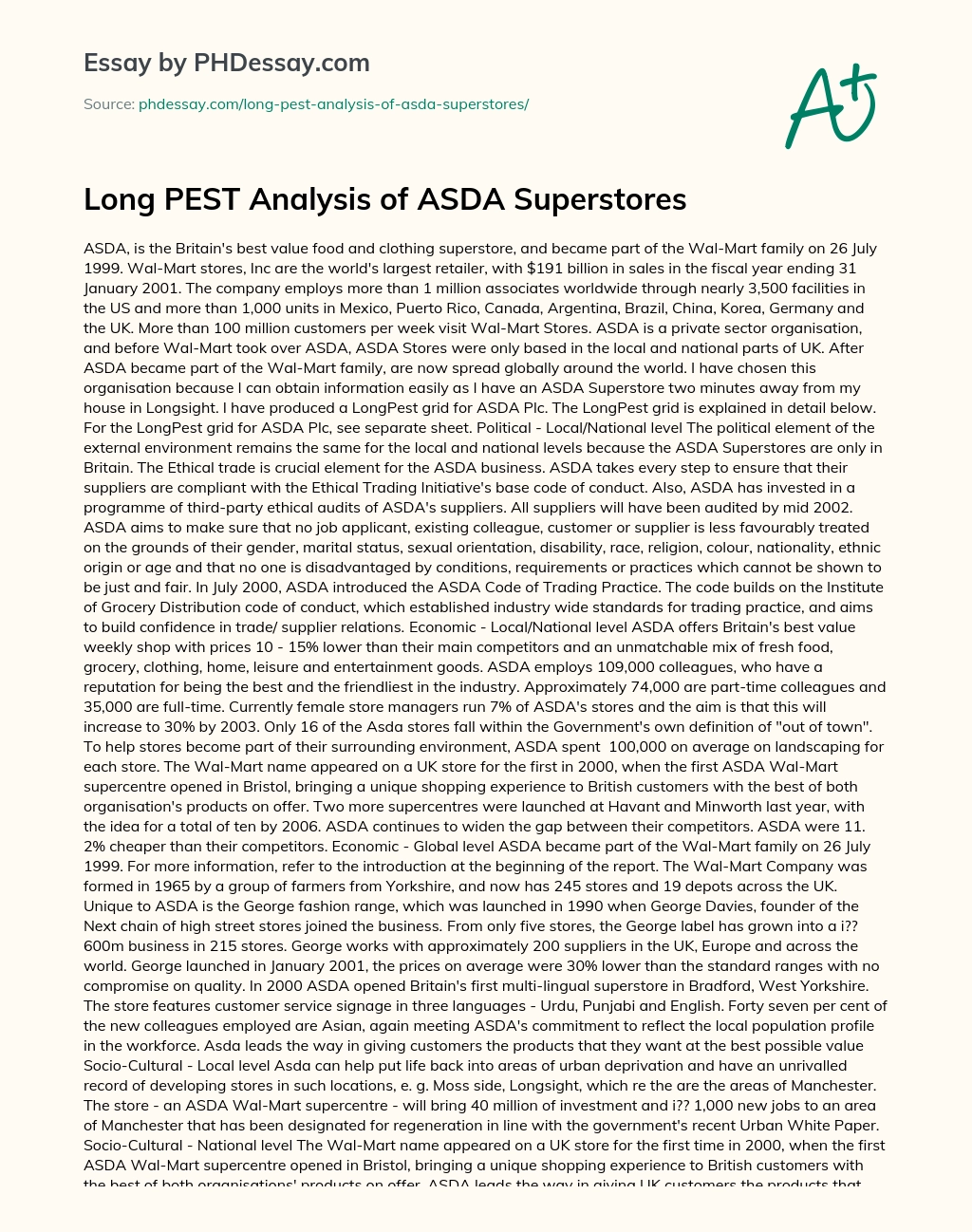 Long PEST Analysis of ASDA Superstores essay
