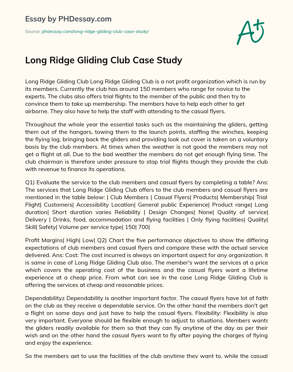 Long Ridge Gliding Club Case Study essay