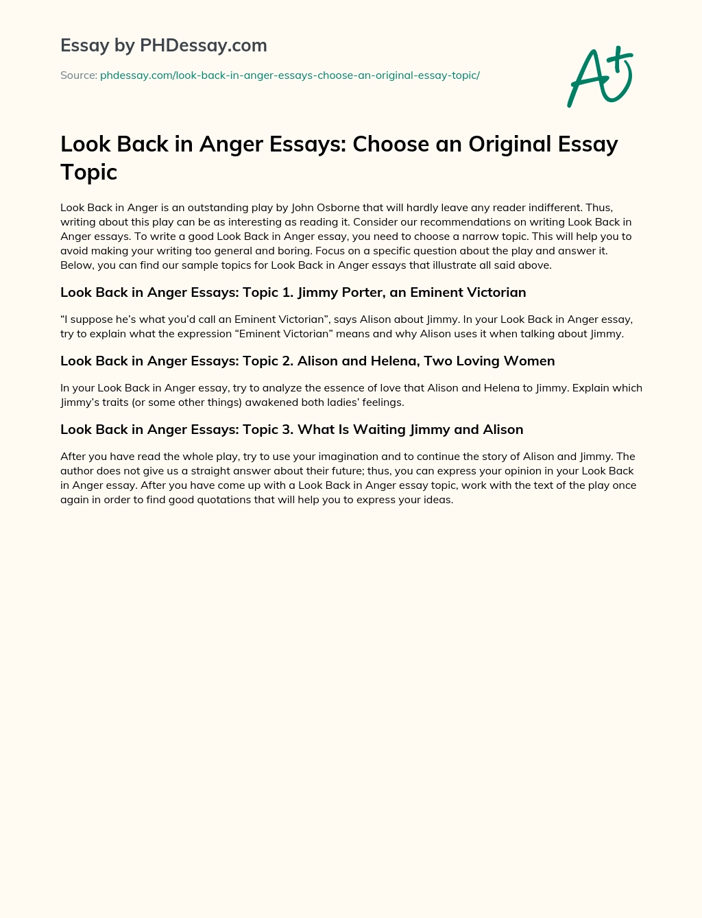 Look Back in Anger Essays: Choose an Original Essay Topic essay