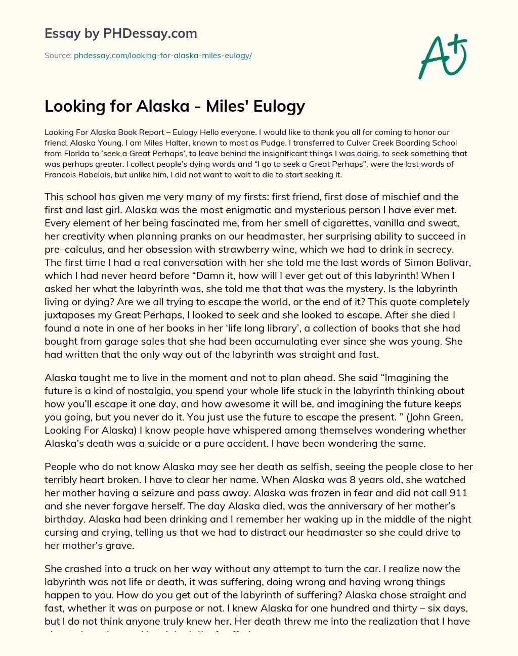 Looking for Alaska – Miles’ Eulogy essay