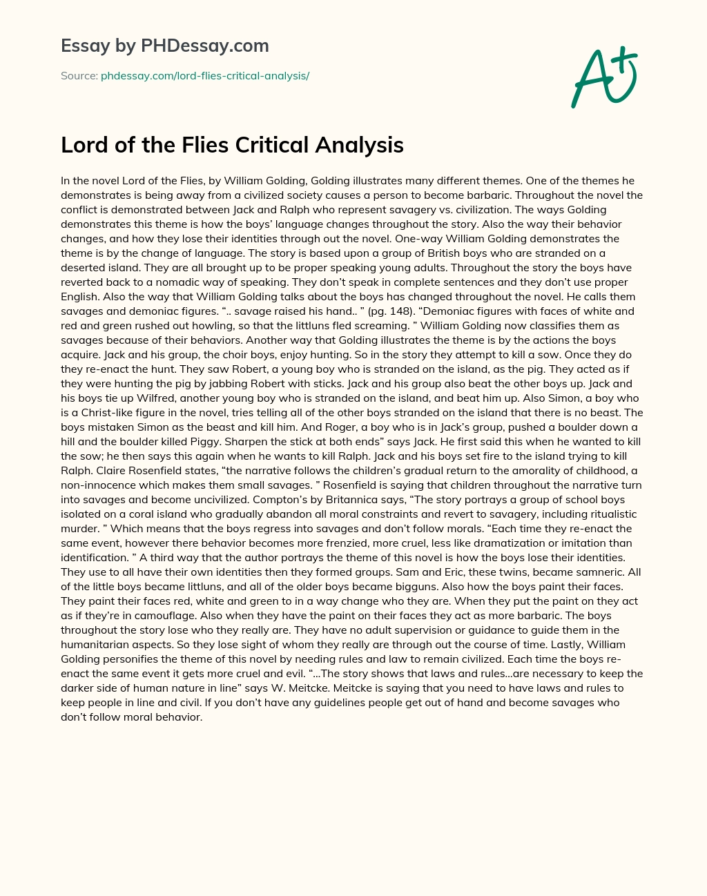 Lord of the Flies Critical Analysis essay
