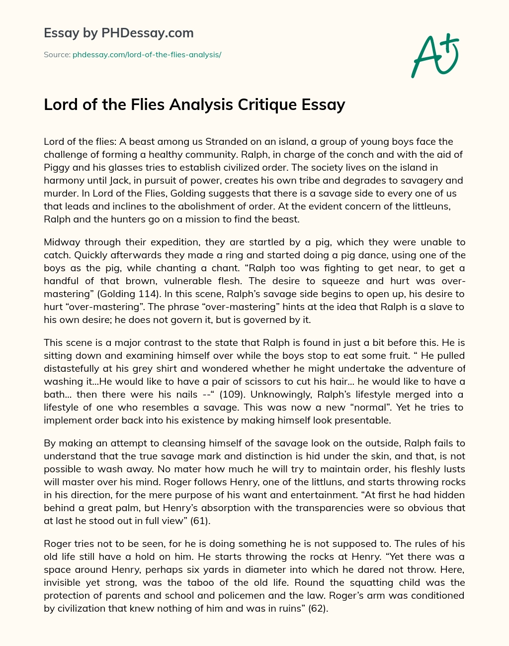 Lord of the Flies Analysis Critique Essay essay