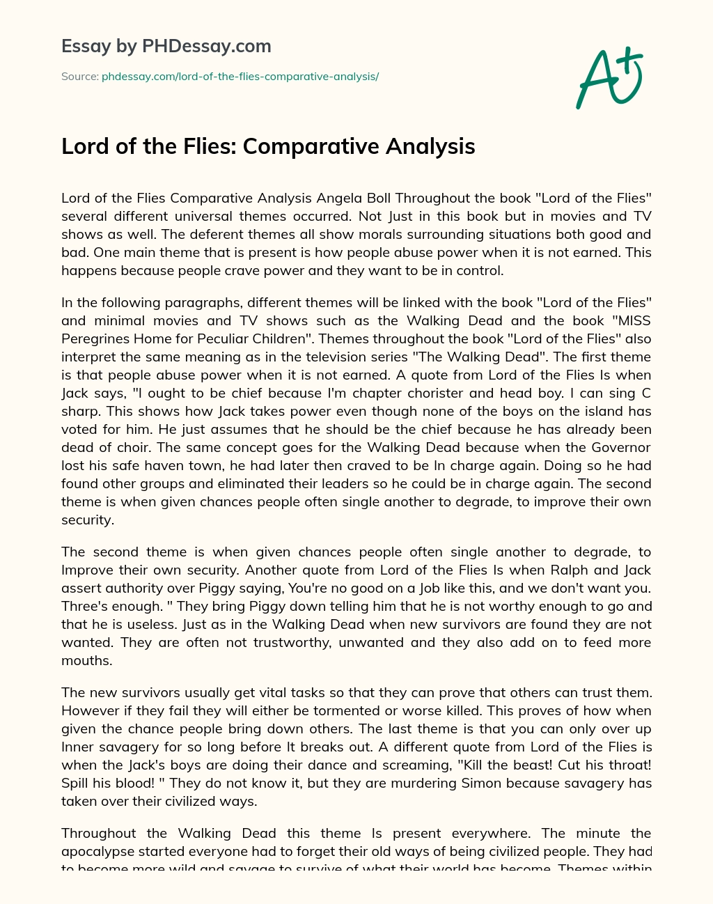 Lord of the Flies: Comparative Analysis essay