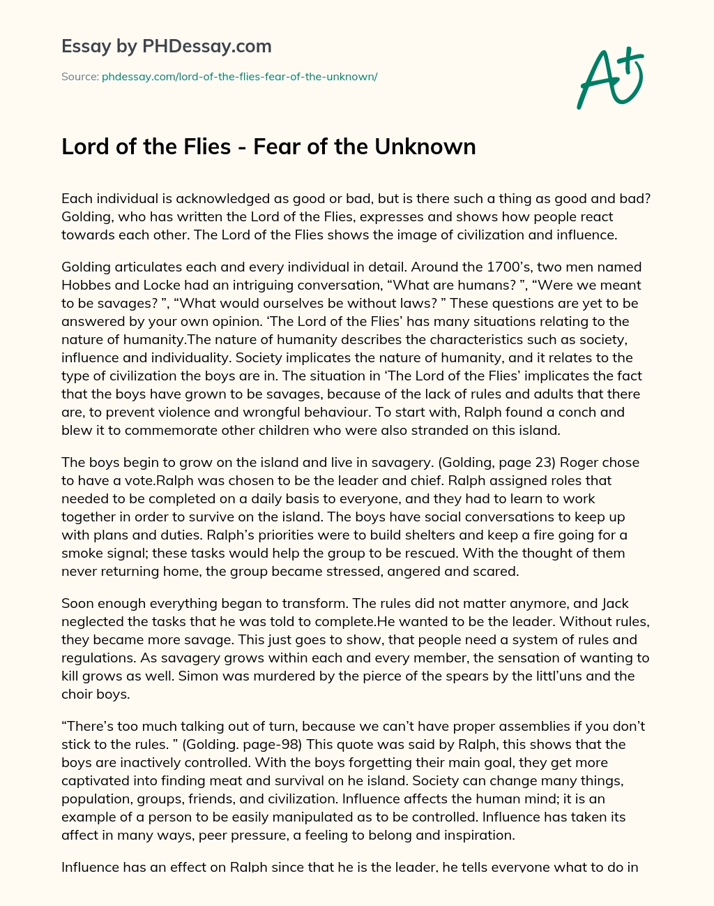 fear of the unknown lord of the flies essay