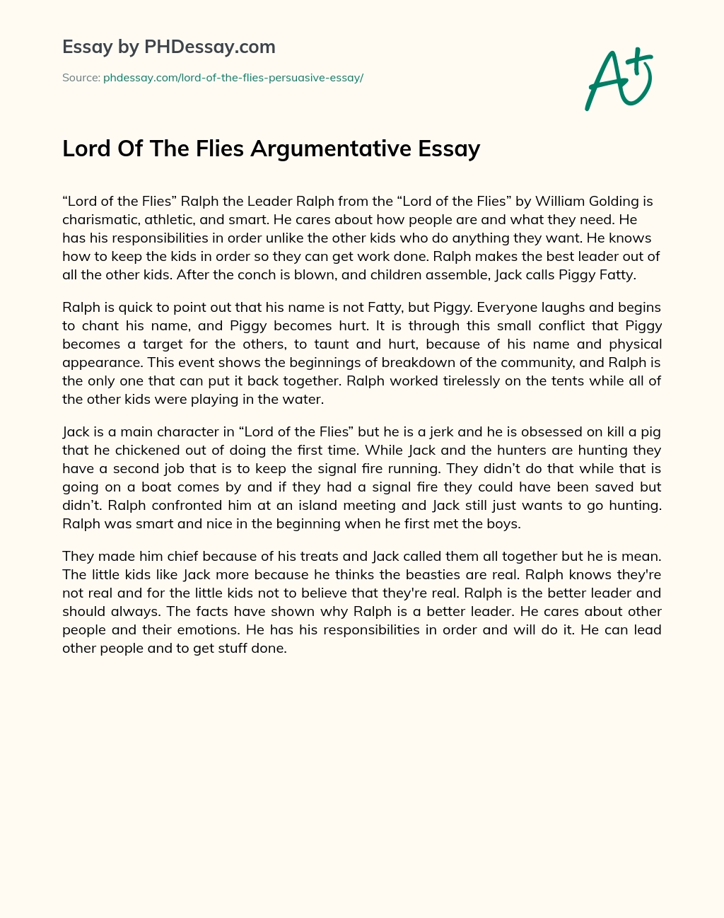Lord Of The Flies Argumentative Essay essay