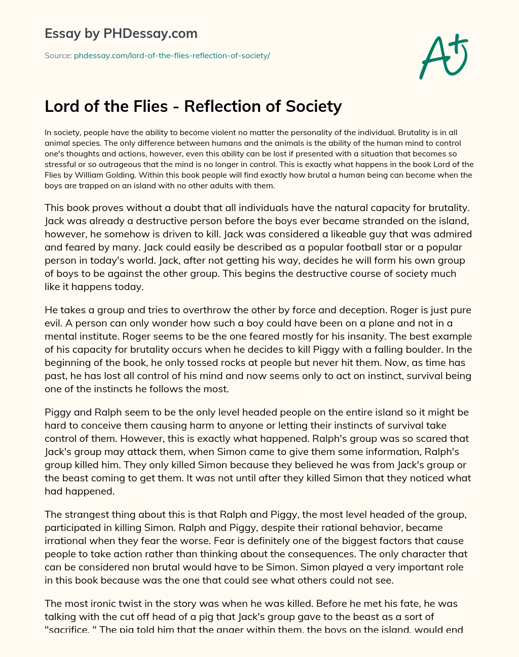 Lord of the Flies – Reflection of Society essay