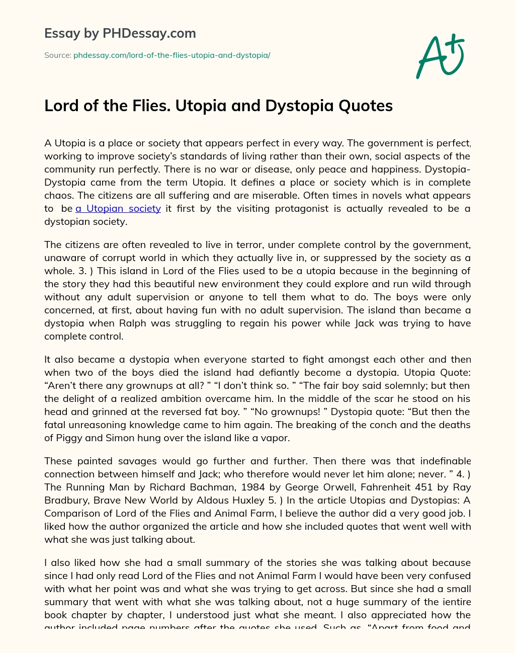 Lord of the Flies. Utopia and Dystopia Quotes essay