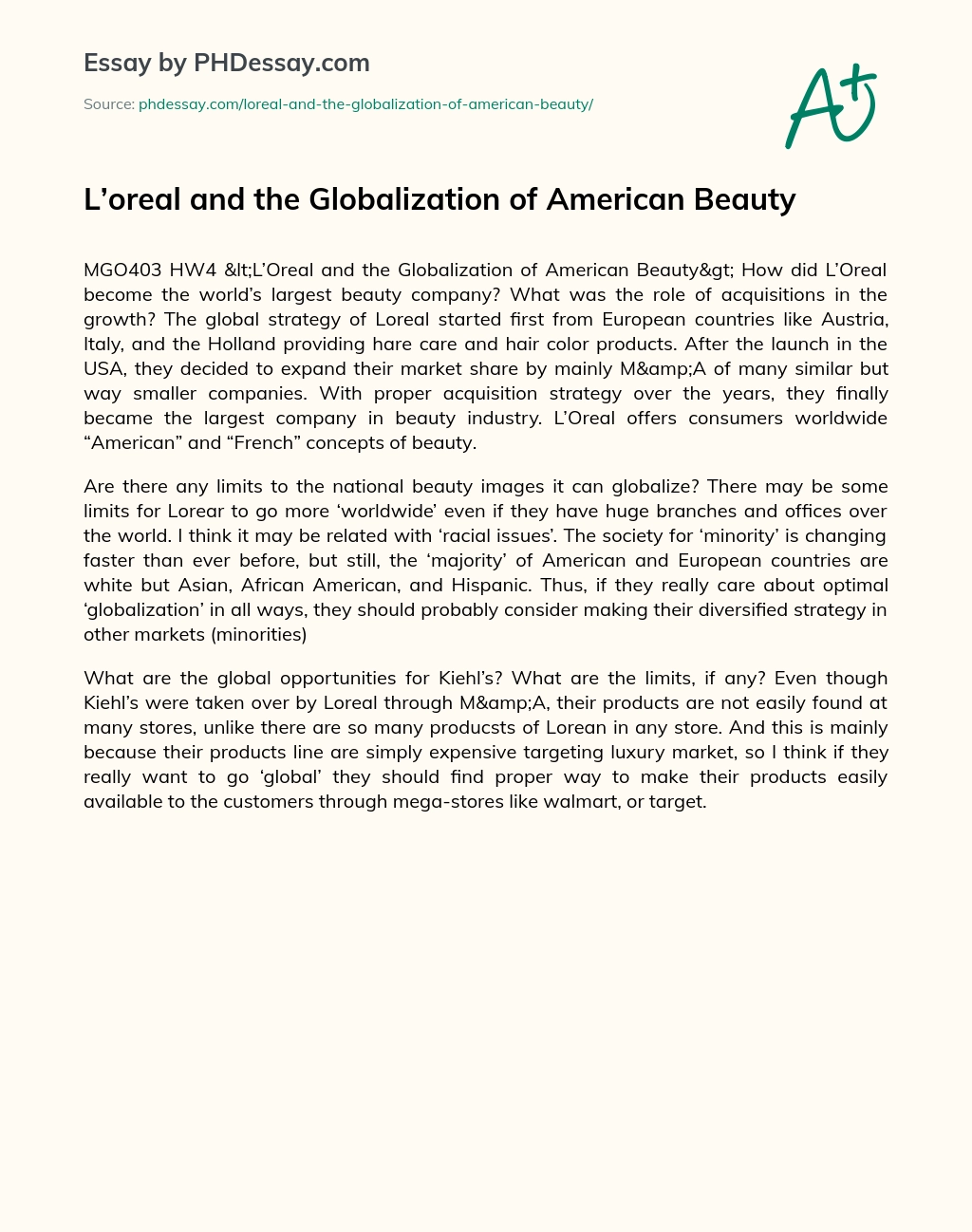 L’oreal and the Globalization of American Beauty essay