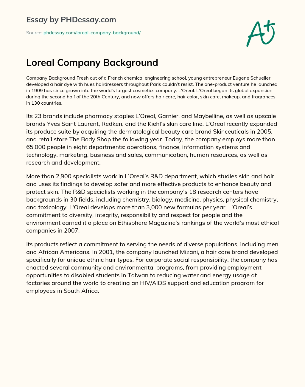 Loreal Company Background essay