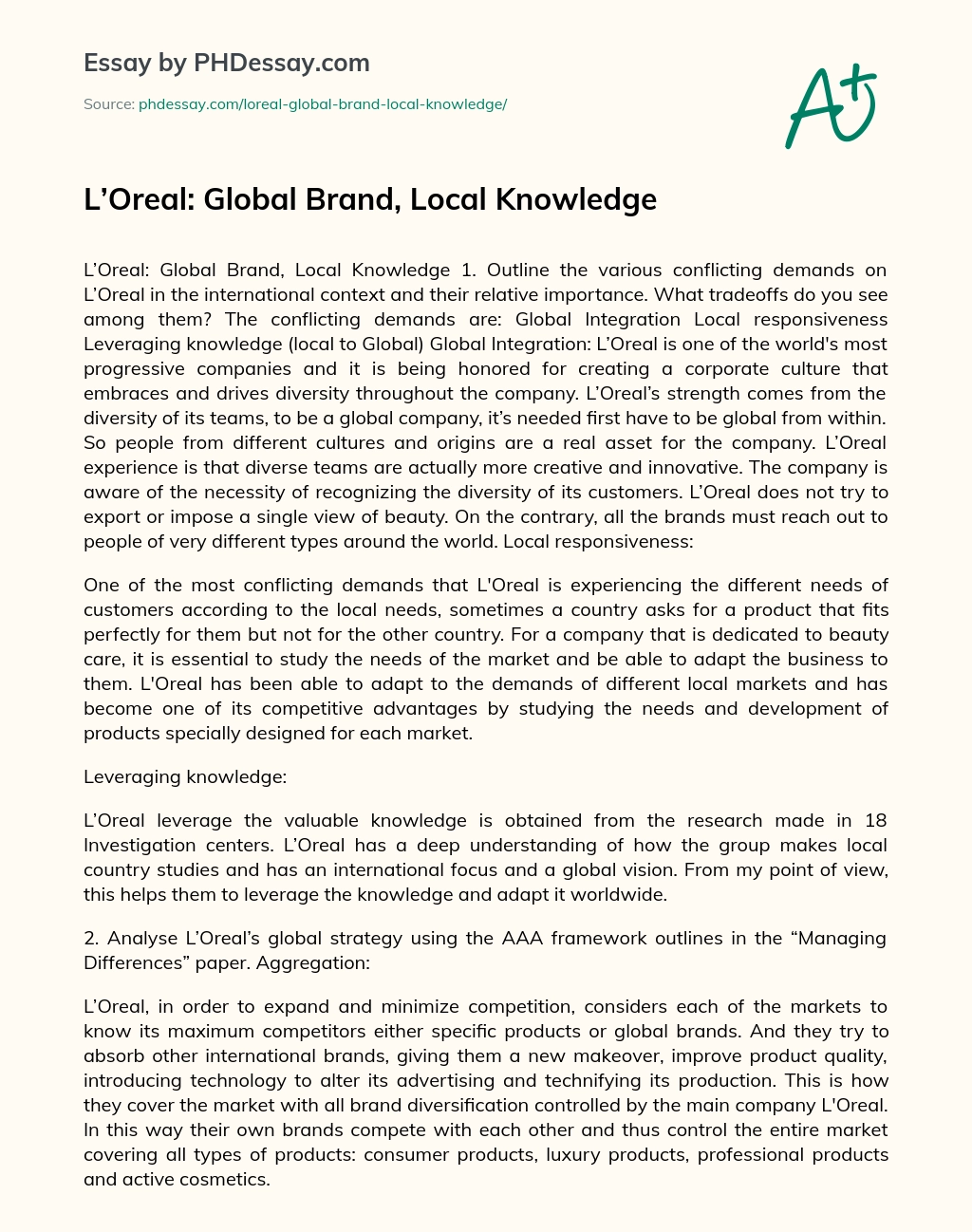 L’Oreal: Global Brand, Local Knowledge essay