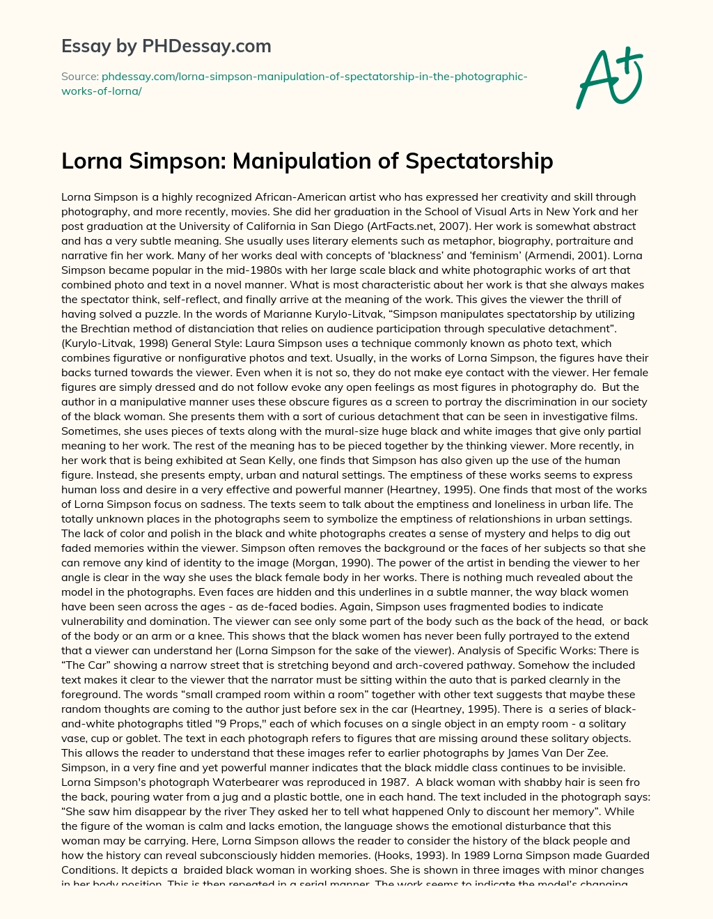 Lorna Simpson: Manipulation of Spectatorship essay