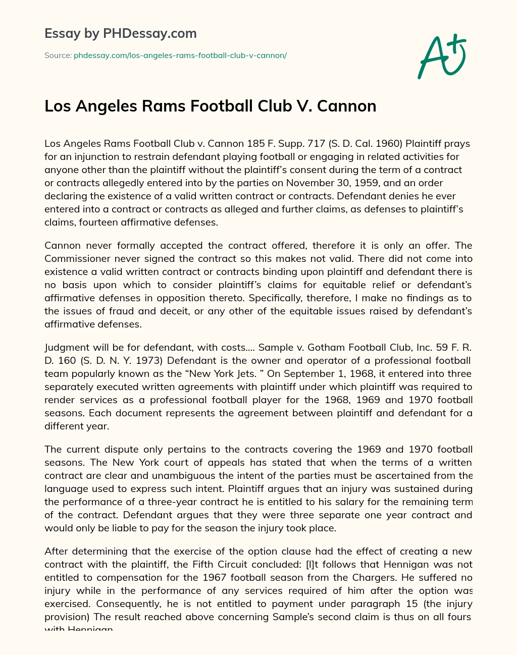 Los Angeles Rams Football Club V. Cannon essay