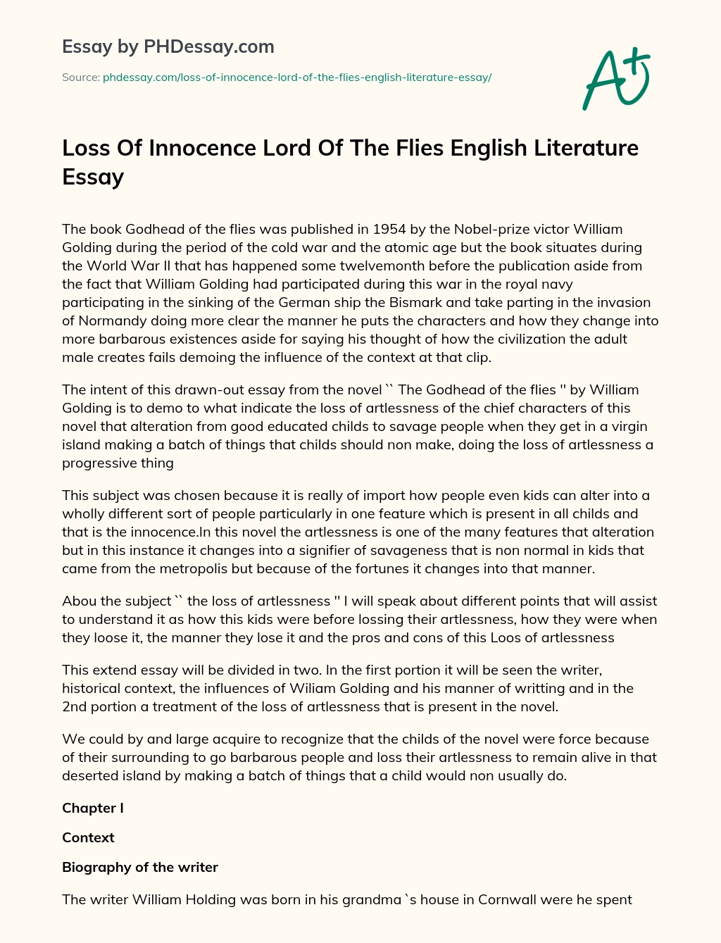Loss Of Innocence Lord Of The Flies English Literature Essay essay