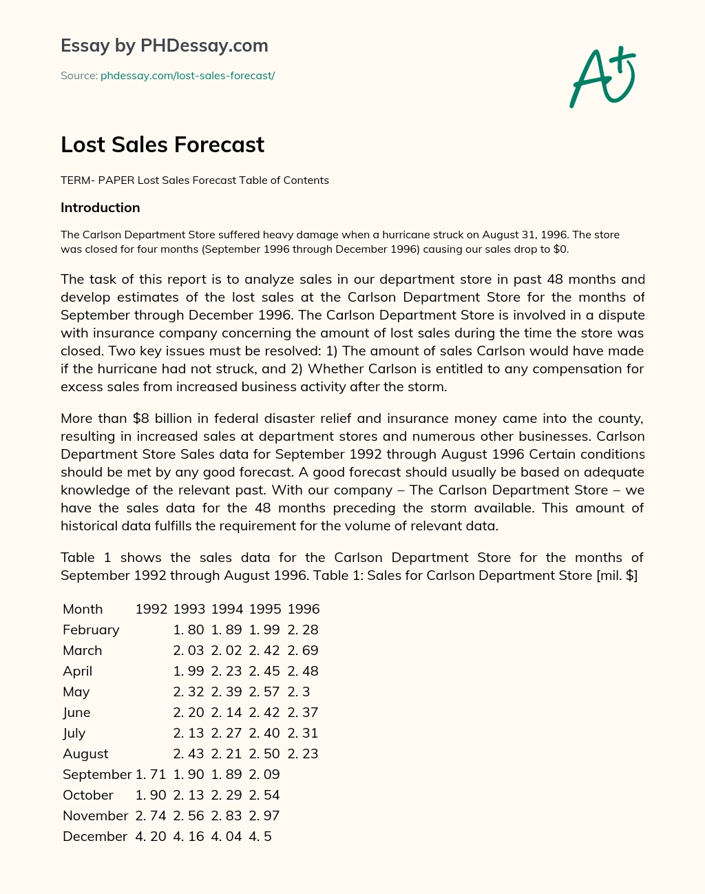 Lost Sales Forecast essay