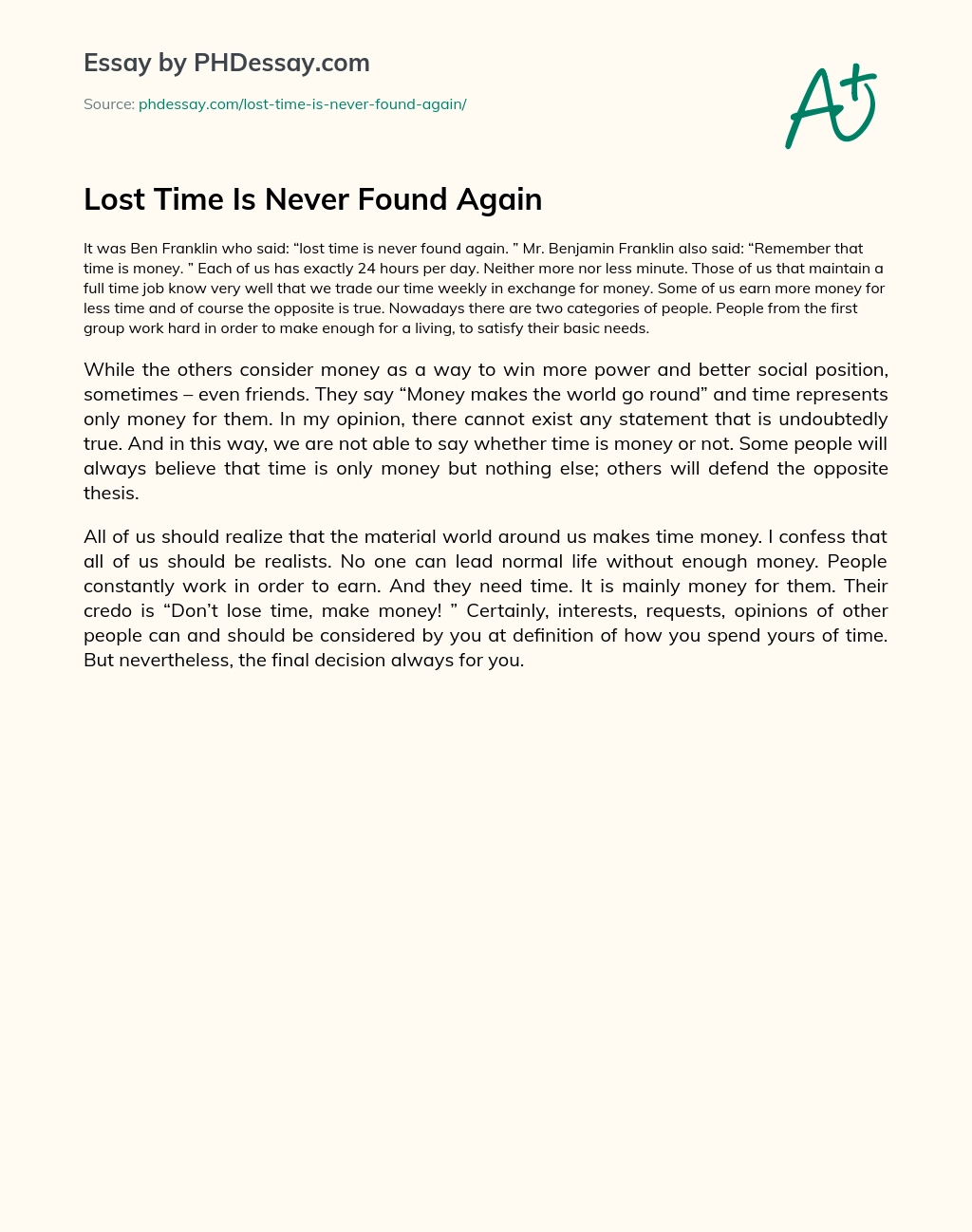 Lost Time Is Never Found Again essay