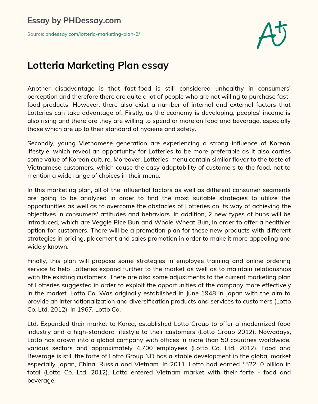Lotteria Marketing Plan essay essay