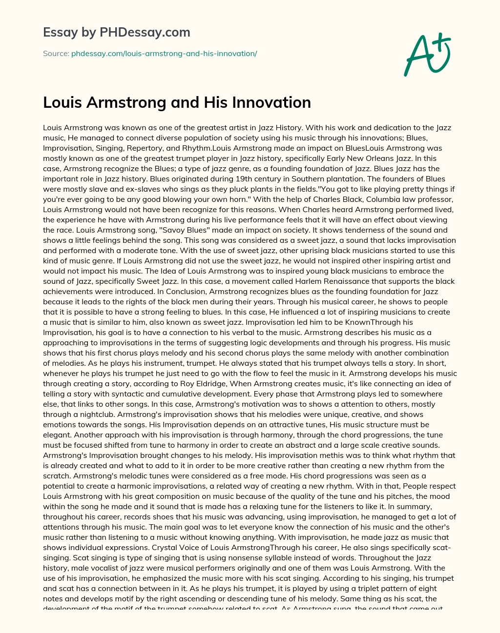 Louis Armstrong and His Innovation essay