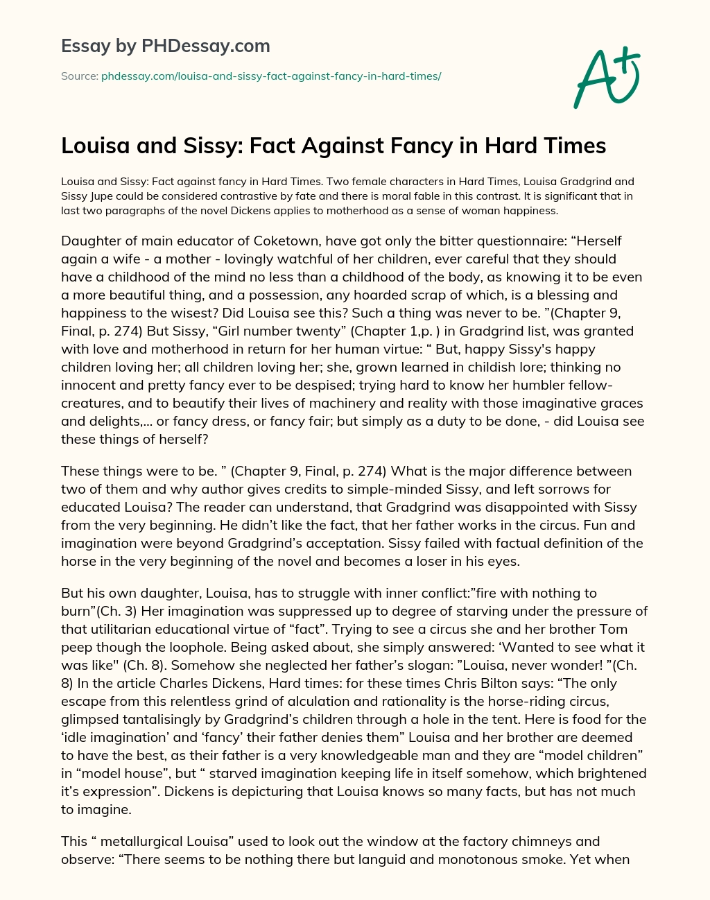 Louisa and Sissy: Fact Against Fancy in Hard Times essay