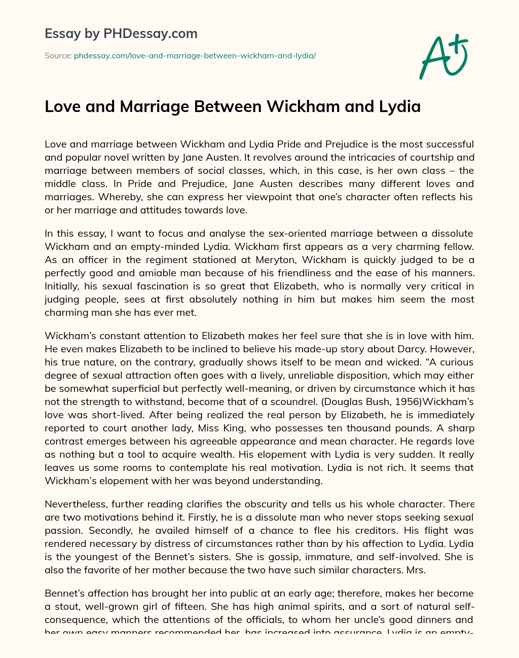 Love and Marriage Between Wickham and Lydia essay