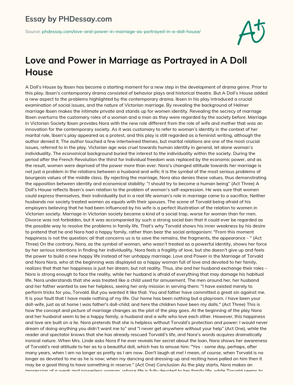 Love and Power in Marriage as Portrayed in A Doll House essay