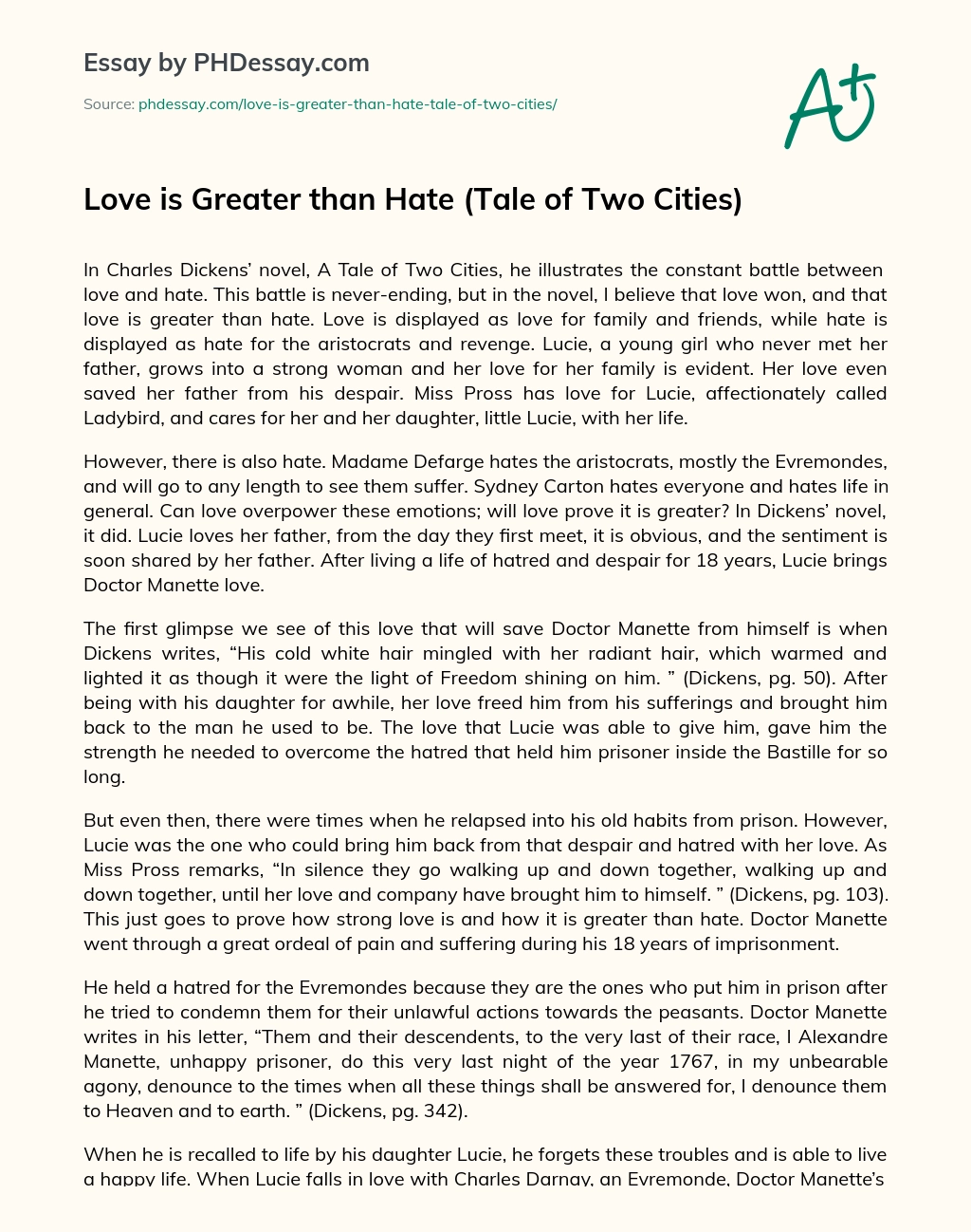 Love is Greater than Hate (Tale of Two Cities) essay