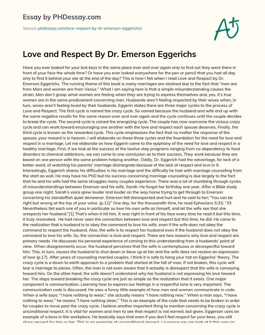 Love and Respect By  Dr. Emerson Eggerichs essay