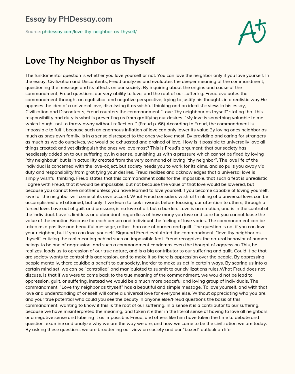 Love Thy Neighbor as Thyself essay