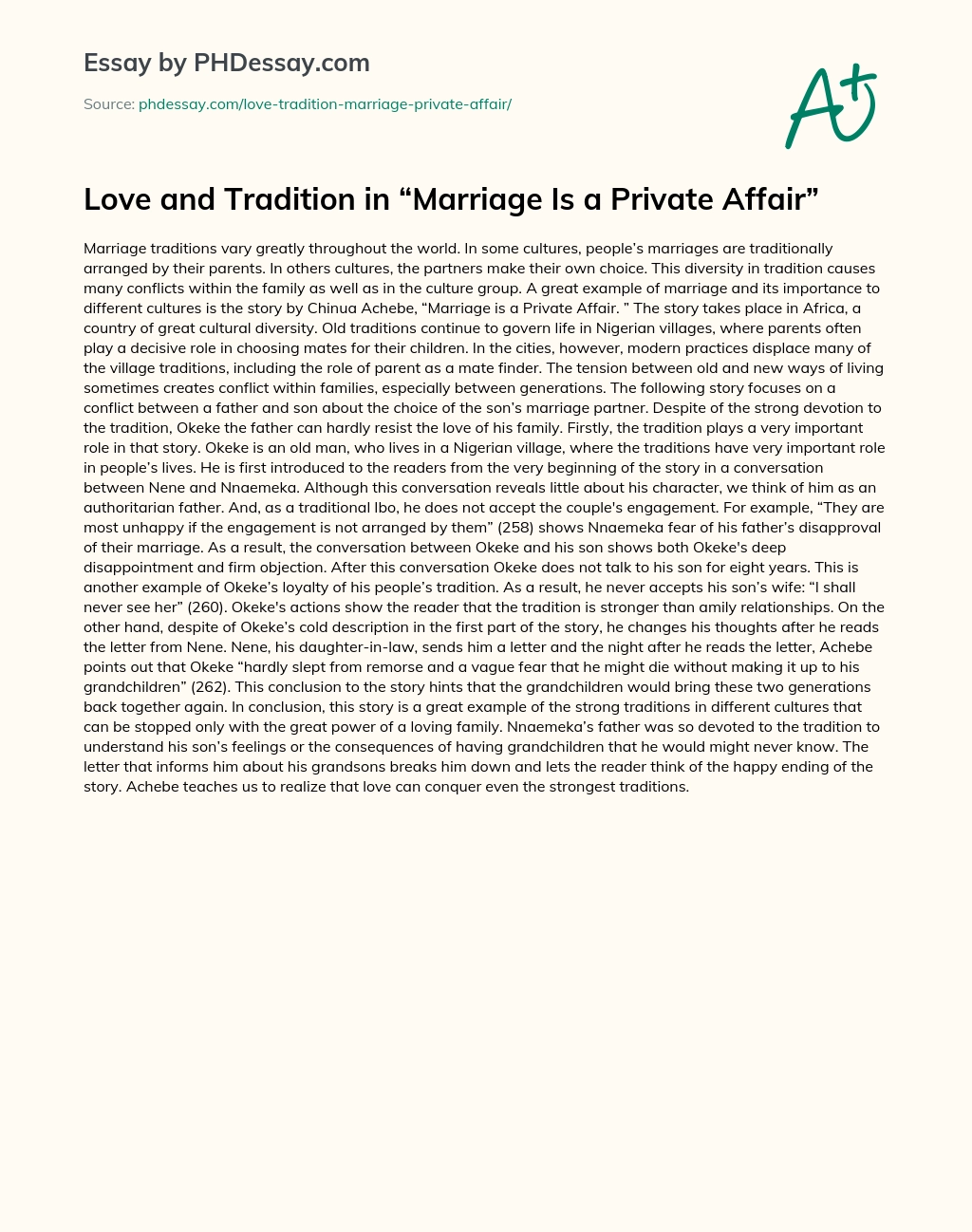 Love and Tradition in “Marriage Is a Private Affair” essay