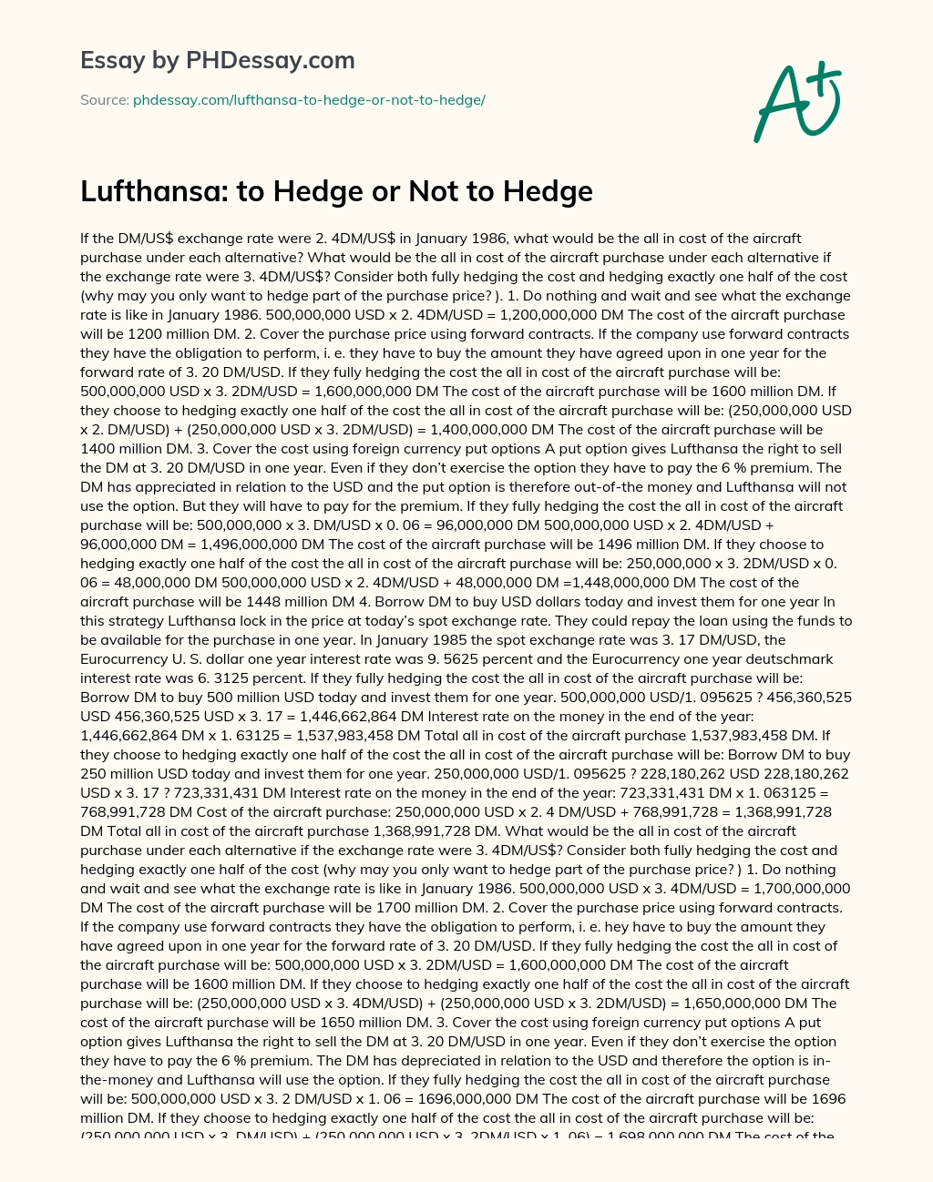 Lufthansa: to Hedge or Not to Hedge essay
