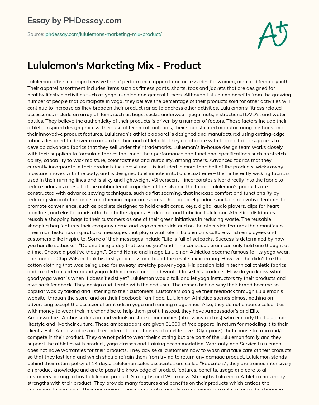 Lululemon’s Marketing Mix essay