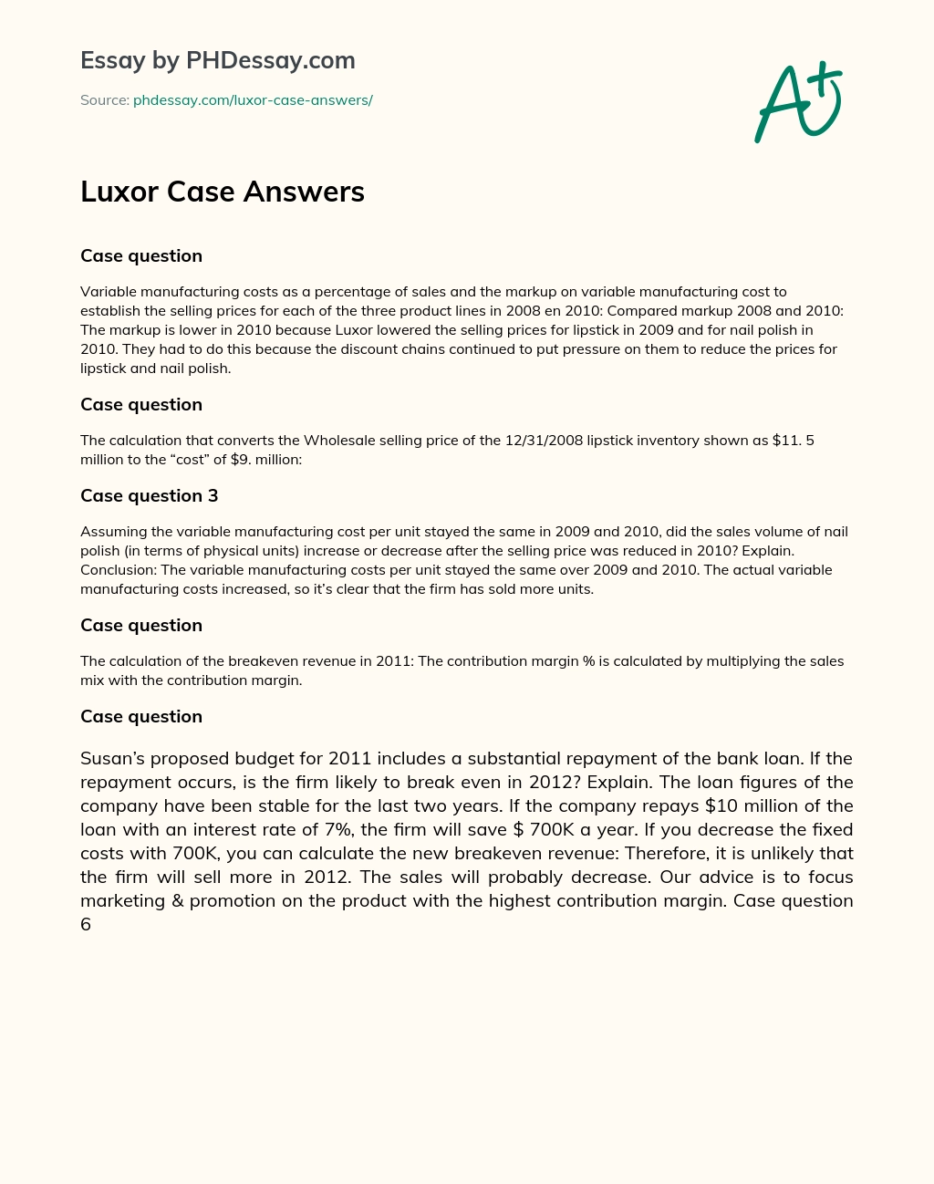 Luxor Case Answers essay