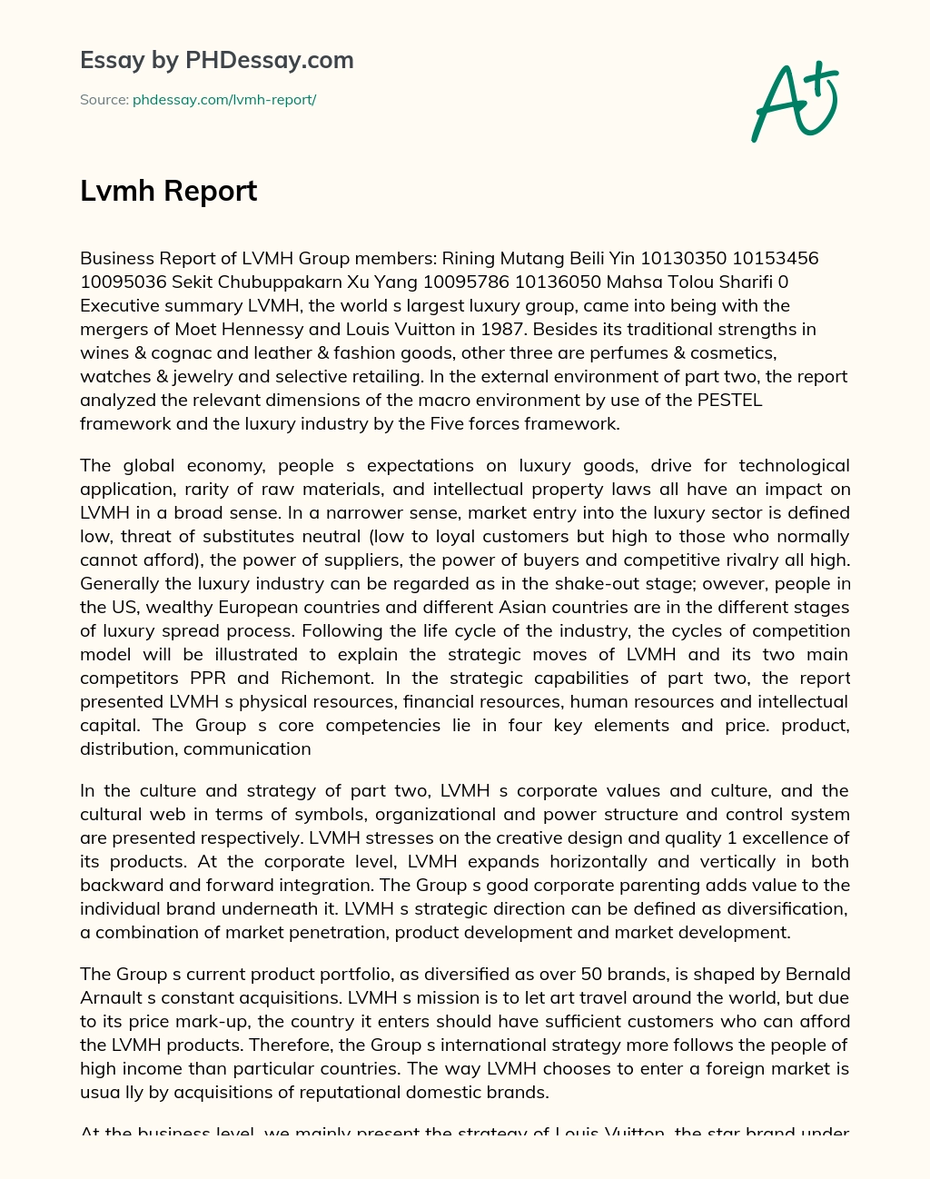 Business Report on LVMH Group: Analysis of External Environment and Luxury Industry essay