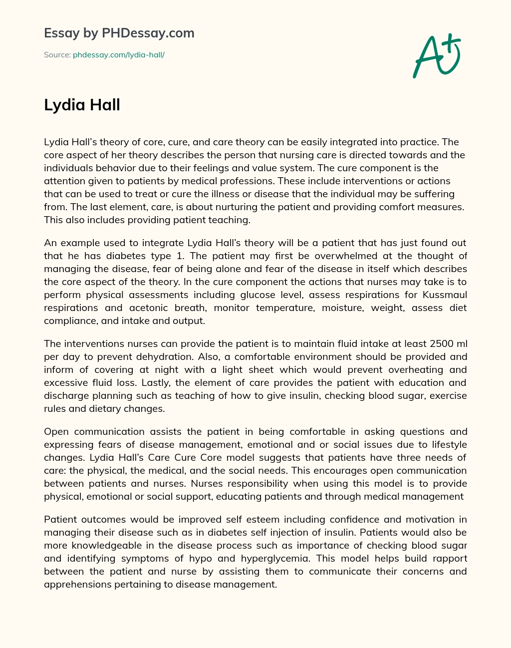 Lydia Hall’s Core, Cure, and Care Theory in Nursing Practice essay