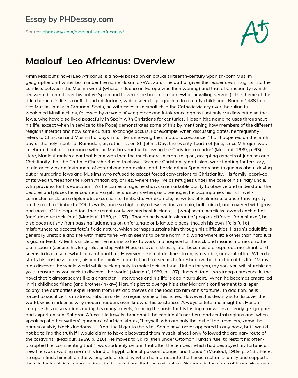 Maalouf  Leo Africanus: Overview essay