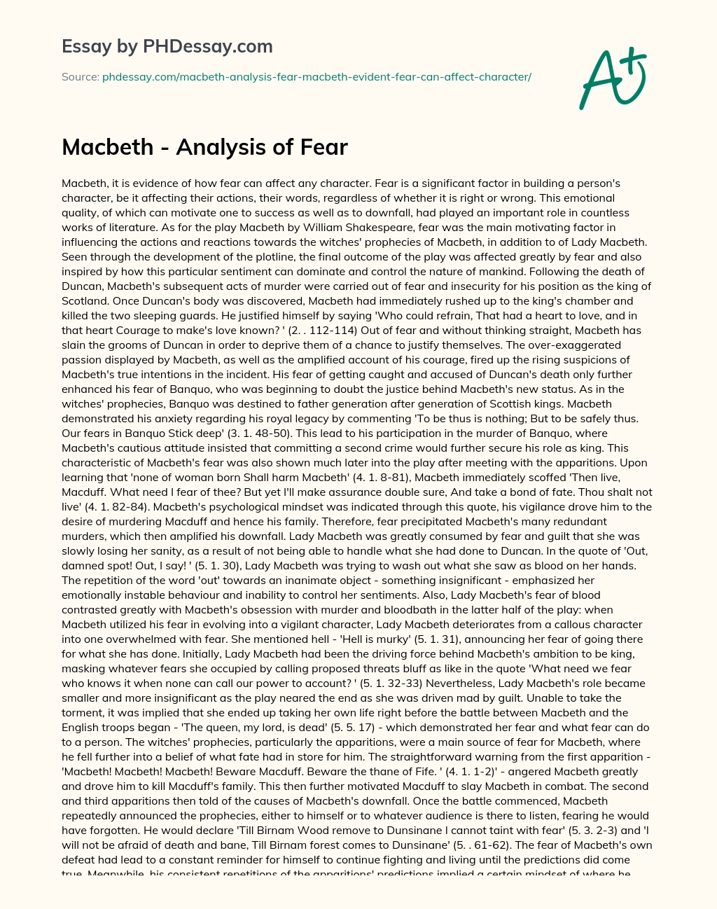 Macbeth – Analysis of Fear essay