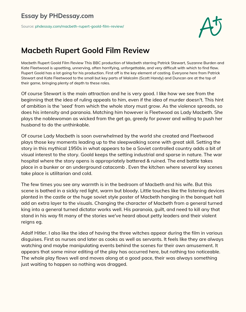 Macbeth Rupert Goold Film Review essay