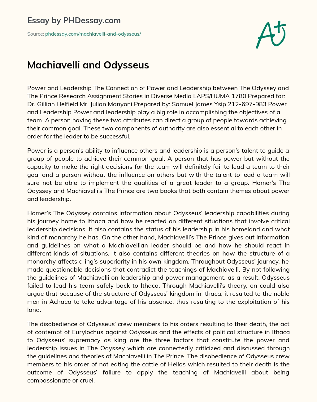 Machiavelli and Odysseus essay