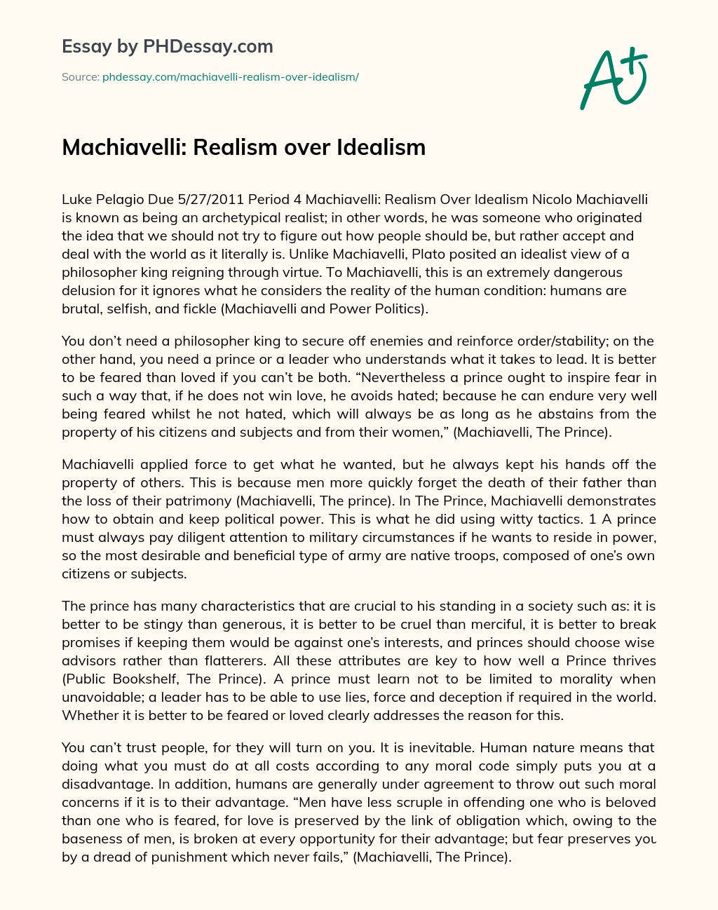 Machiavelli: Realism over Idealism essay