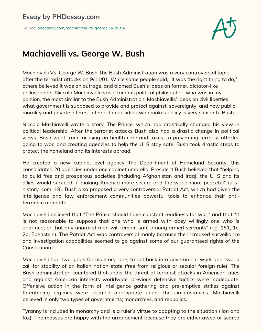 Machiavelli vs. George W. Bush essay